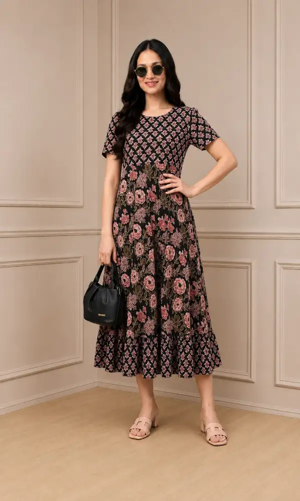 Floral Print Maxi Dress, Black with Pink Flowers